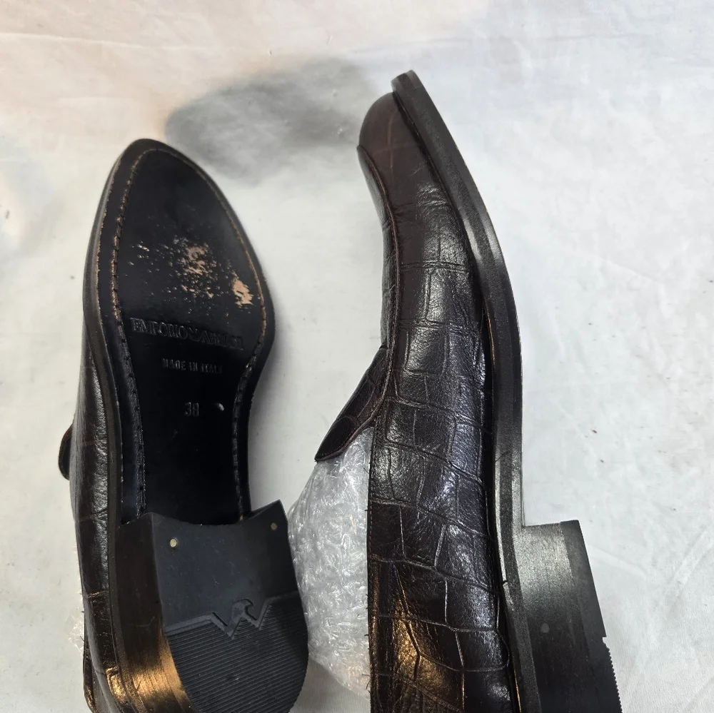 Emporio Armani Men's 38 Brown Croc   Embossed Leather Loafers Shoes
